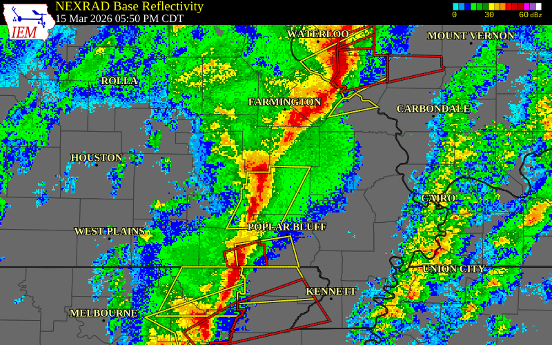 NEXRAD radar during the Sunday, March 15, 2026 storm activity in Wayne County, Missouri