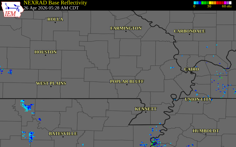 NEXRAD radar during the Sunday, April 26, 2026 storm activity in Wayne County, Missouri