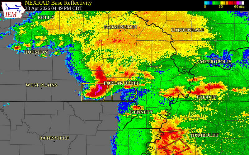 NEXRAD radar during the Tuesday, April 28, 2026 storm activity in Wayne County, Missouri