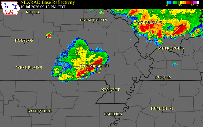 NEXRAD radar during the Friday, July 10, 2026 storm activity in Wayne County, Missouri