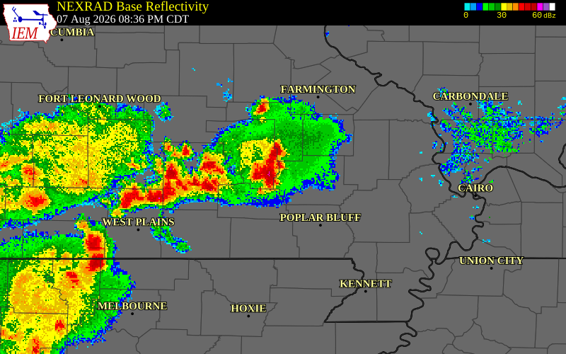 NEXRAD radar during the Friday, August 7, 2026 storm activity in Wayne County, Missouri