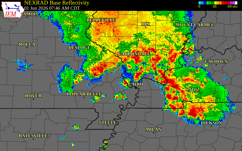 Radar snapshot during the Jun 1, 2026 wind event near Wayne County, Wayne County, Missouri, with NWS warning polygons