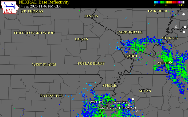 Current NEXRAD radar over Wayne County, Missouri with recent storm report locations