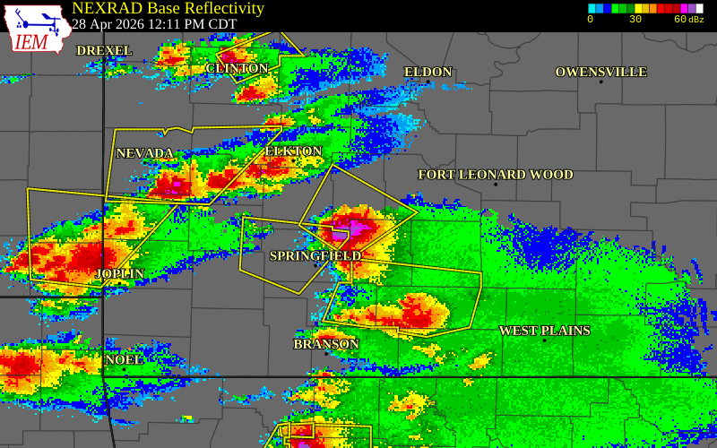 NEXRAD radar during the Tuesday, April 28, 2026 storm activity in Webster County, Missouri