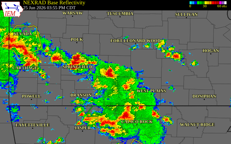 NEXRAD radar during the Thursday, June 25, 2026 storm activity in Webster County, Missouri