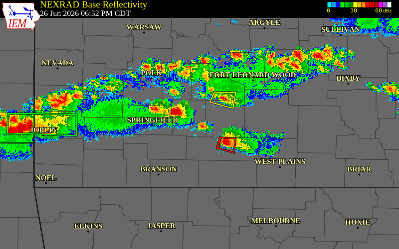 NEXRAD radar during the Friday, June 26, 2026 storm activity in Webster County, Missouri