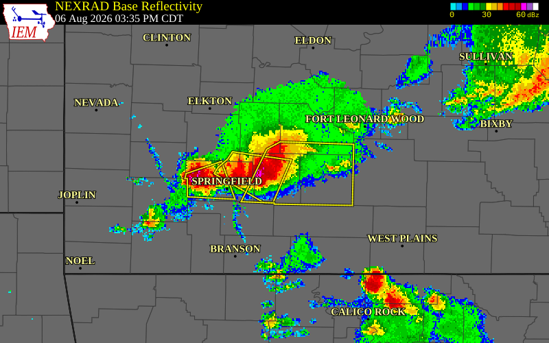 NEXRAD radar during the Thursday, August 6, 2026 storm activity in Webster County, Missouri