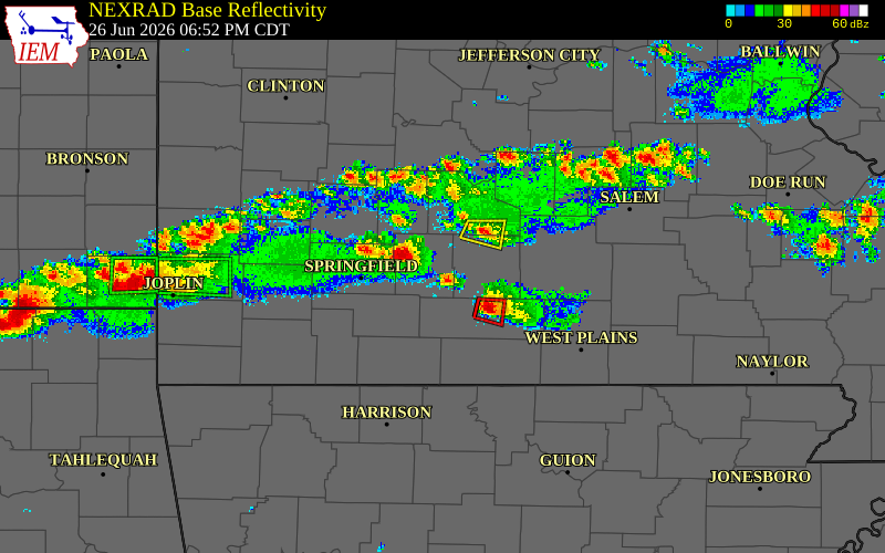 Radar snapshot during the Jun 26, 2026 tornado event near 4 N Seymour, Webster County, Missouri, with NWS warning polygons