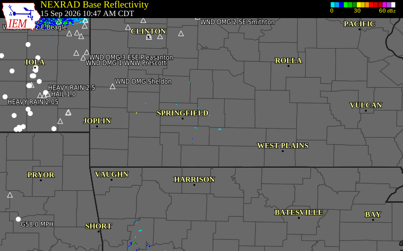 Current NEXRAD radar over Webster County, Missouri with recent storm report locations