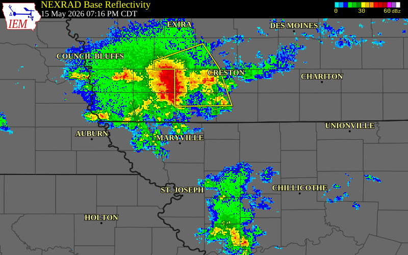 NEXRAD radar during the Friday, May 15, 2026 storm activity in Worth County, Missouri