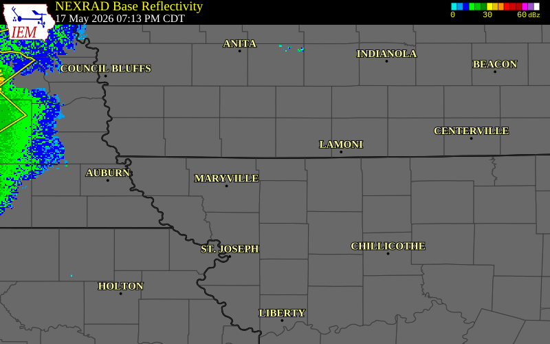 NEXRAD radar during the Sunday, May 17, 2026 storm activity in Worth County, Missouri