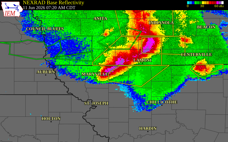NEXRAD radar during the Thursday, June 11, 2026 storm activity in Worth County, Missouri