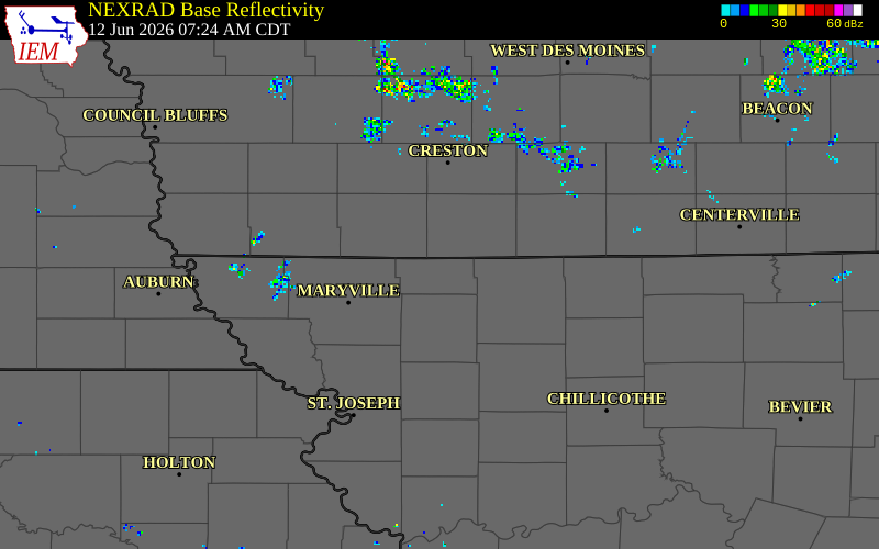 NEXRAD radar during the Friday, June 12, 2026 storm activity in Worth County, Missouri