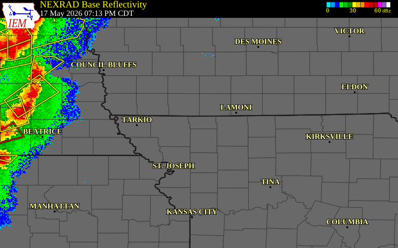 Radar snapshot during the May 17, 2026 tornado event near 4 WSW Grant City, Worth County, Missouri, with NWS warning polygons