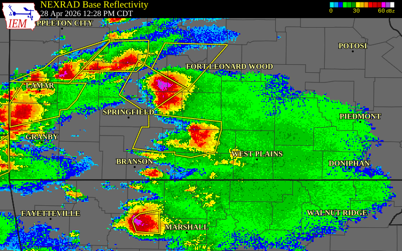 NEXRAD radar during the Tuesday, April 28, 2026 storm activity in Wright County, Missouri