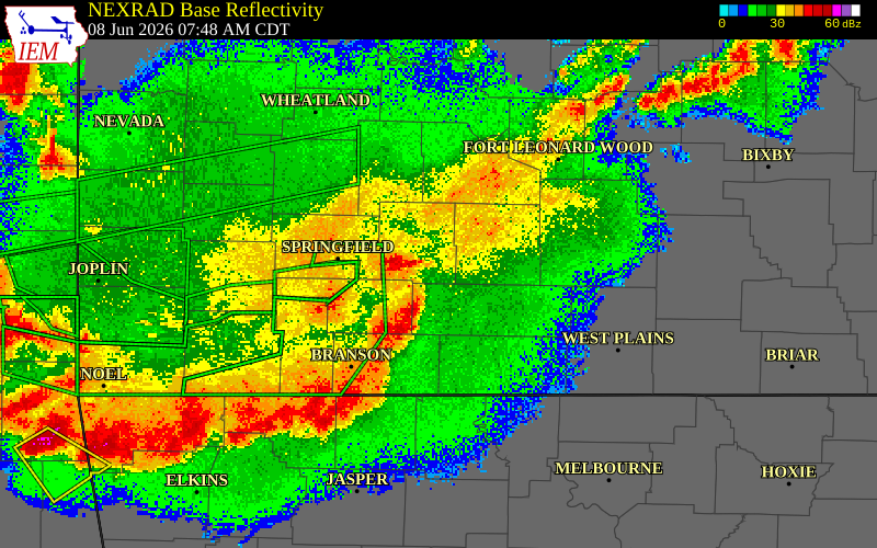 NEXRAD radar during the Monday, June 8, 2026 storm activity in Wright County, Missouri