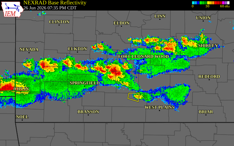 NEXRAD radar during the Friday, June 26, 2026 storm activity in Wright County, Missouri