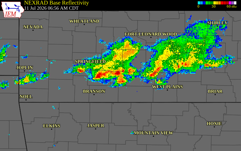 NEXRAD radar during the Saturday, July 11, 2026 storm activity in Wright County, Missouri