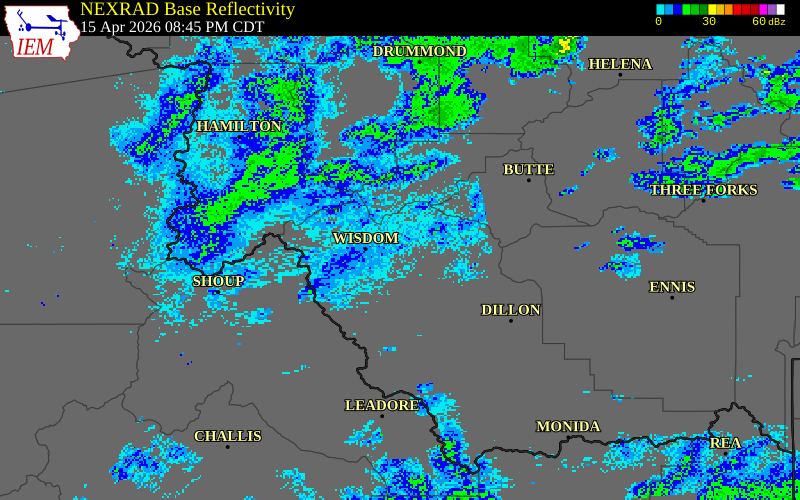 NEXRAD radar during the Wednesday, April 15, 2026 storm activity in Beaverhead County, Montana