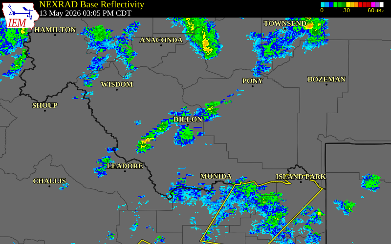 NEXRAD radar during the Wednesday, May 13, 2026 storm activity in Beaverhead County, Montana