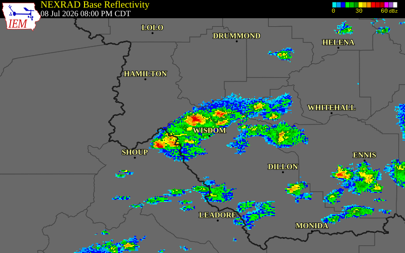 NEXRAD radar during the Wednesday, July 8, 2026 storm activity in Beaverhead County, Montana