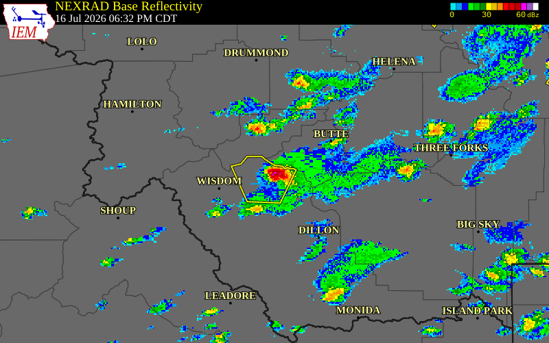 NEXRAD radar during the Thursday, July 16, 2026 storm activity in Beaverhead County, Montana