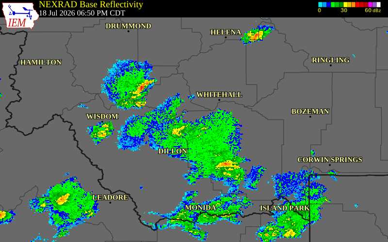 NEXRAD radar during the Saturday, July 18, 2026 storm activity in Beaverhead County, Montana