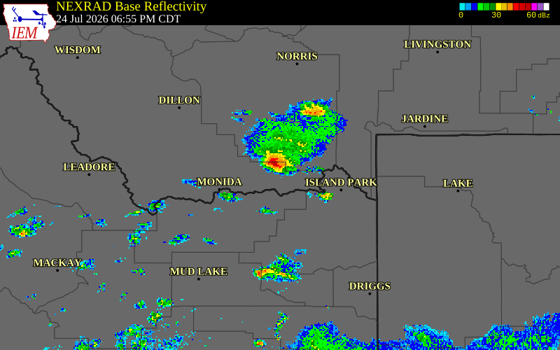 NEXRAD radar during the Friday, July 24, 2026 storm activity in Beaverhead County, Montana