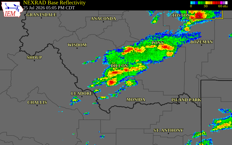 NEXRAD radar during the Saturday, July 25, 2026 storm activity in Beaverhead County, Montana