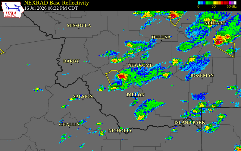Radar snapshot during the Jul 16, 2026 hail event near 3 SW Wise River, Beaverhead County, Montana, with NWS warning polygons