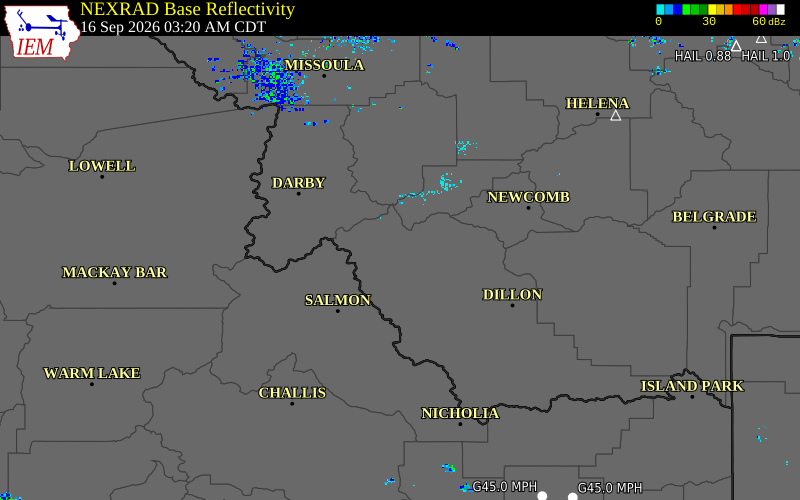 Current NEXRAD radar over Beaverhead County, Montana with recent storm report locations