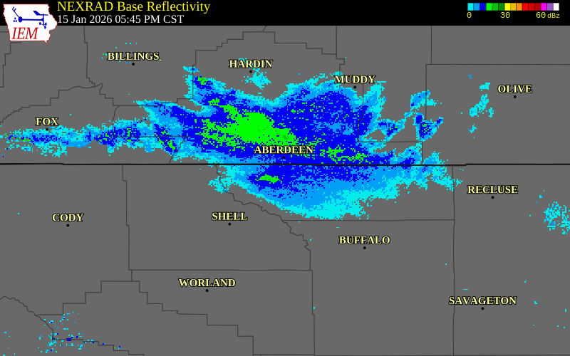 NEXRAD radar during the Thursday, January 15, 2026 storm activity in Big Horn County, Montana