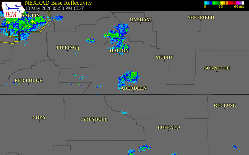 NEXRAD radar during the Wednesday, May 13, 2026 storm activity in Big Horn County, Montana