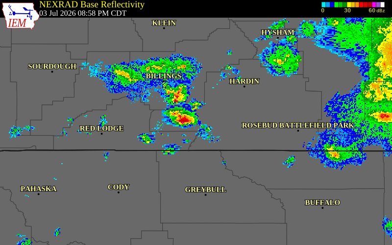 NEXRAD radar during the Friday, July 3, 2026 storm activity in Big Horn County, Montana