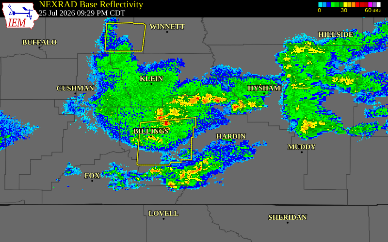 NEXRAD radar during the Saturday, July 25, 2026 storm activity in Big Horn County, Montana