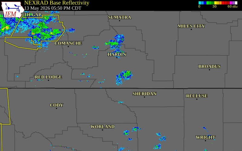 Radar snapshot during the May 13, 2026 wind event near 7 W Lodge Grass, Big Horn County, Montana, with NWS warning polygons