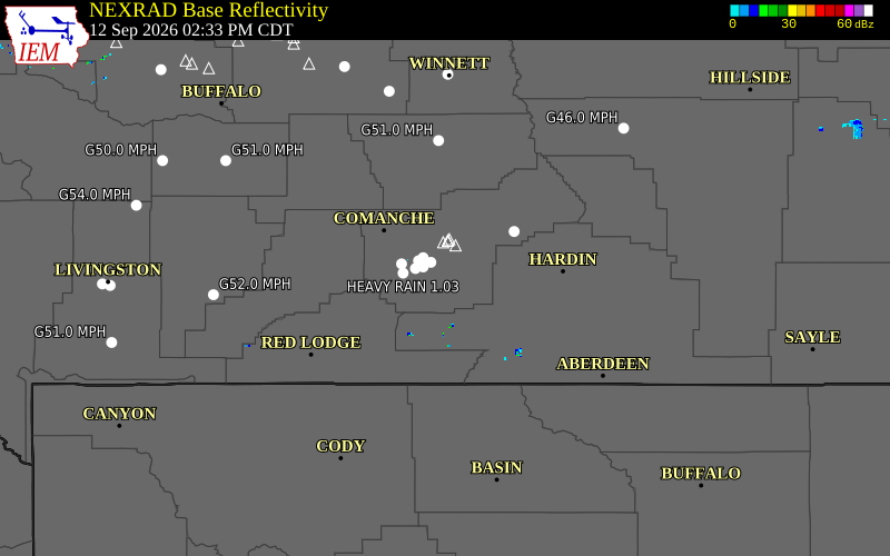 Current NEXRAD radar over Big Horn County, Montana with recent storm report locations