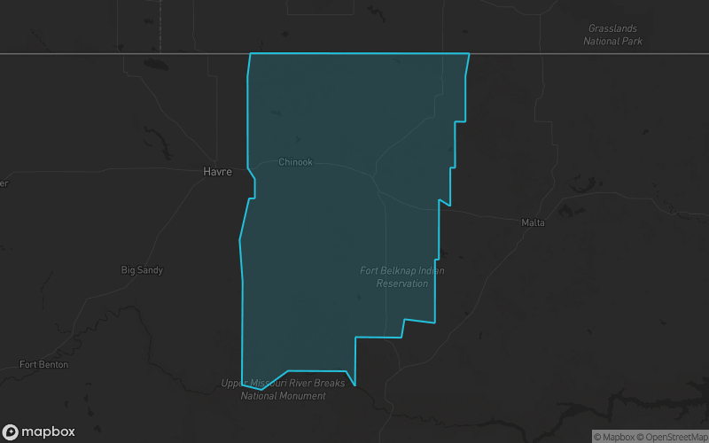 Map of Blaine County, Montana showing the county boundary and surrounding cities