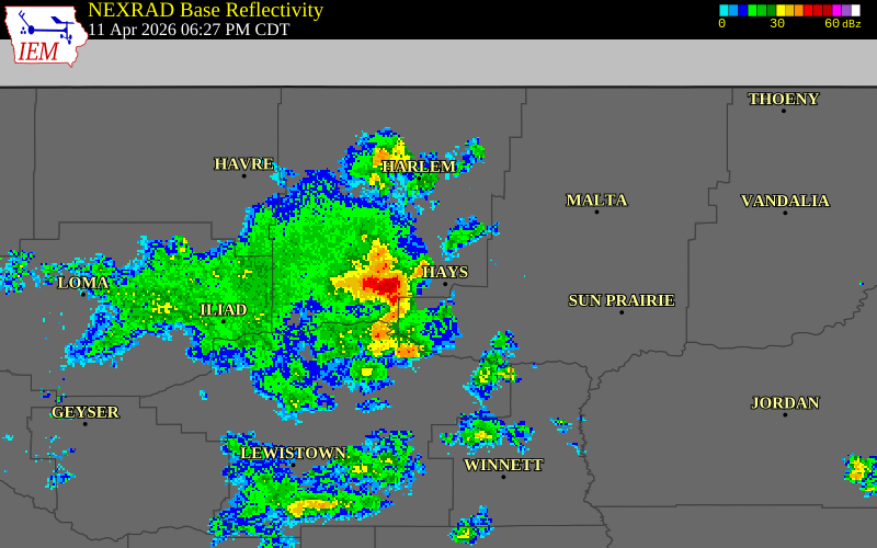 NEXRAD radar during the Saturday, April 11, 2026 storm activity in Blaine County, Montana