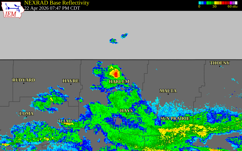 NEXRAD radar during the Wednesday, April 22, 2026 storm activity in Blaine County, Montana