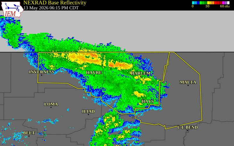NEXRAD radar during the Wednesday, May 13, 2026 storm activity in Blaine County, Montana