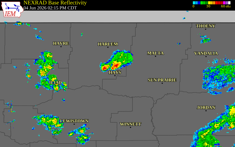 NEXRAD radar during the Thursday, June 4, 2026 storm activity in Blaine County, Montana