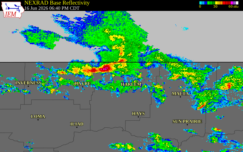 NEXRAD radar during the Tuesday, June 16, 2026 storm activity in Blaine County, Montana