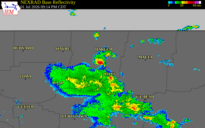 NEXRAD radar during the Wednesday, July 1, 2026 storm activity in Blaine County, Montana