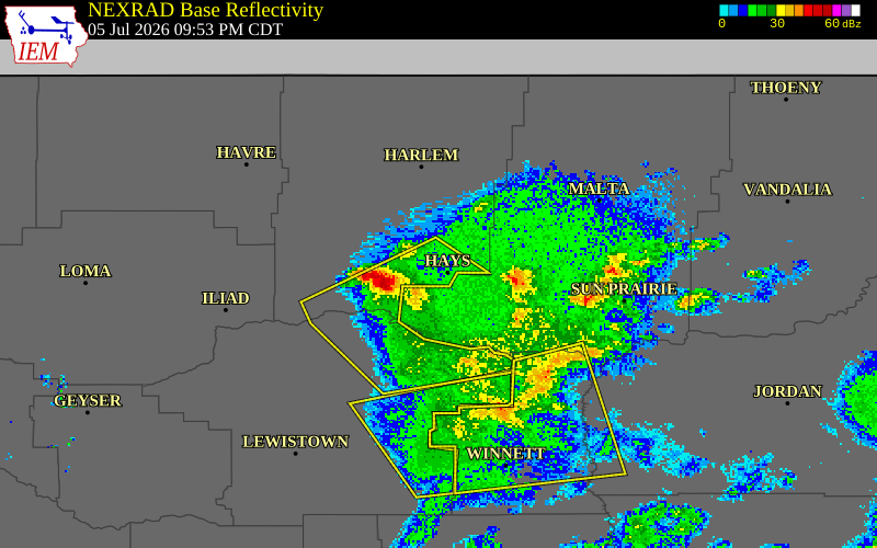 NEXRAD radar during the Sunday, July 5, 2026 storm activity in Blaine County, Montana