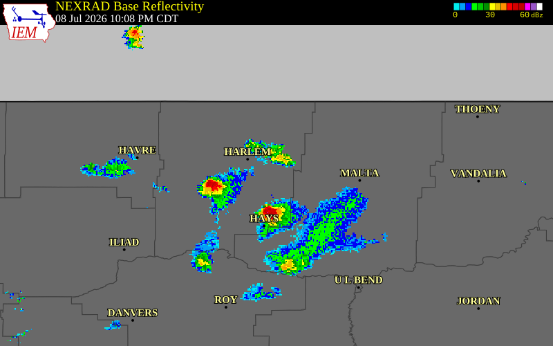 NEXRAD radar during the Wednesday, July 8, 2026 storm activity in Blaine County, Montana
