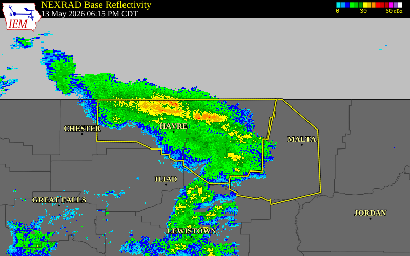 Radar snapshot during the May 13, 2026 wind event near 1 NW Chinook, Blaine County, Montana, with NWS warning polygons