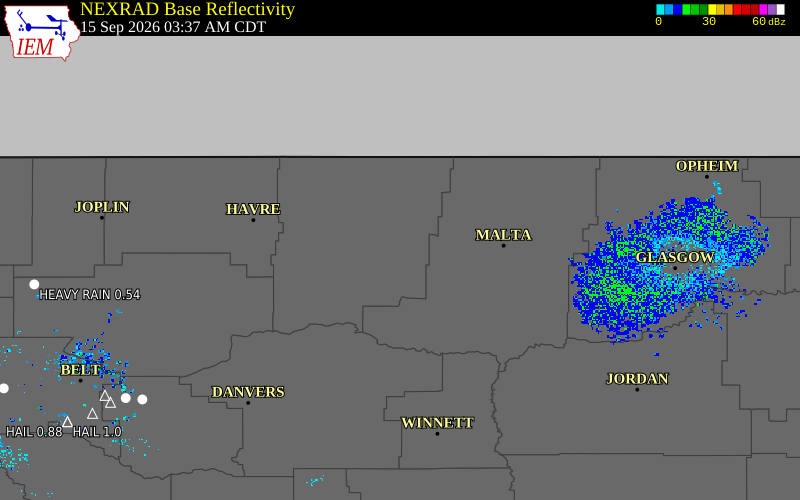 Current NEXRAD radar over Blaine County, Montana with recent storm report locations