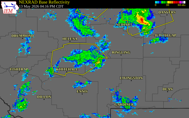 NEXRAD radar during the Wednesday, May 13, 2026 storm activity in Broadwater County, Montana