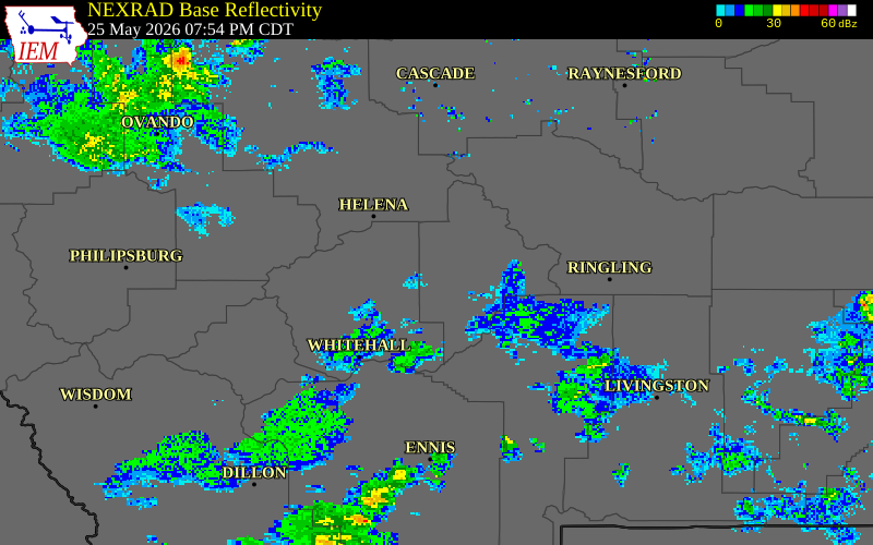 NEXRAD radar during the Monday, May 25, 2026 storm activity in Broadwater County, Montana